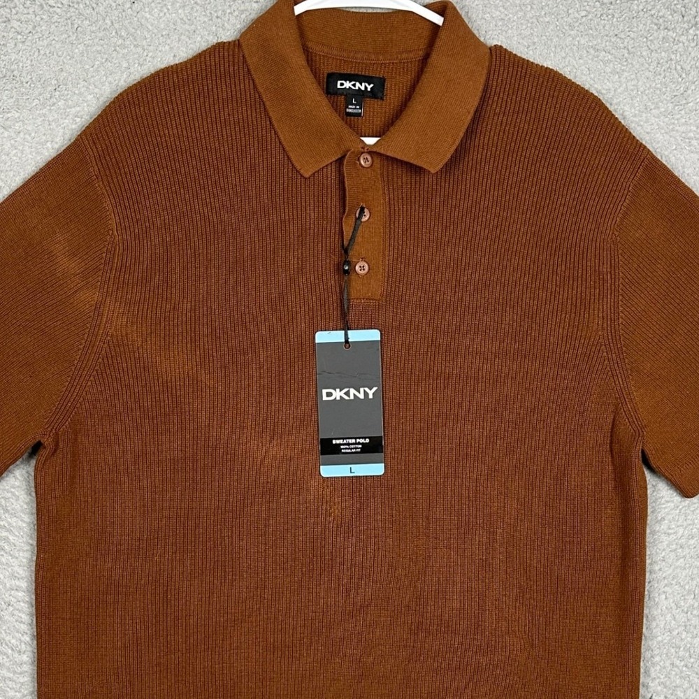 NEW DKNY Sweater Polo Mens Large Regular Fit Dark Brown Ribbed Knit Short Sleeve